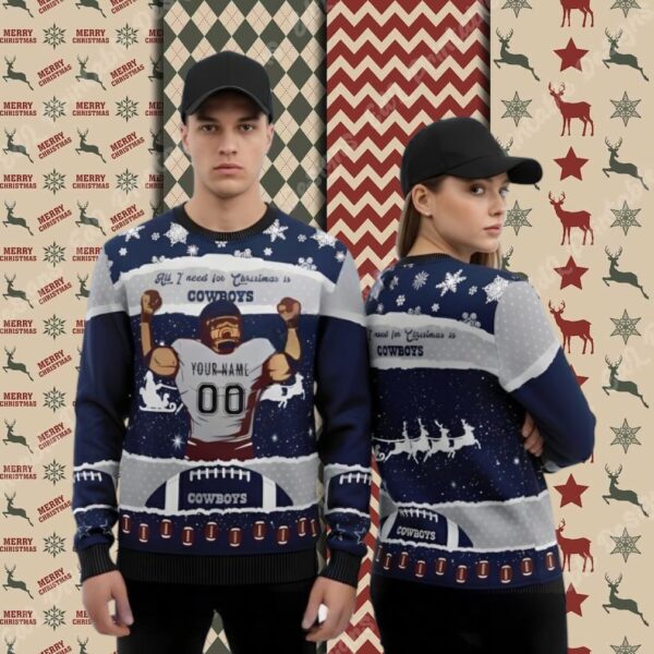 Personalized Dallas Cowboys Player Blue Womens Christmas Ugly Sweater