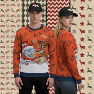 Reindeer Snowman Denver Broncos Orange Christmas Ugly Sweater