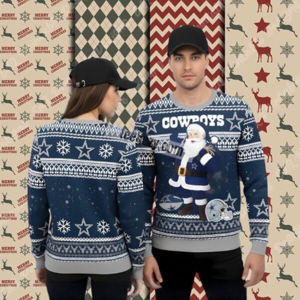 Santa Claus Coming Dallas Cowboys Blue Family Christmas Ugly Sweater