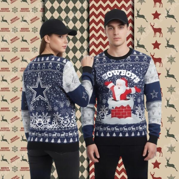 Santa Claus On Chimney Dallas Cowboys Blue Family Xmas Ugly Sweater