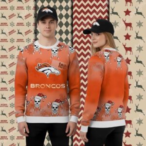 Santa Skull Denver Broncos Orange White Funny Christmas Ugly Sweater