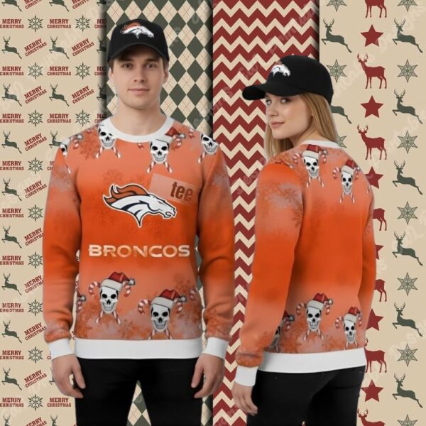 Santa Skull Denver Broncos Orange White Funny Christmas Ugly Sweater