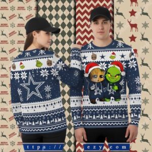 The Grinch And Baby Groot Dallas Cowboys Blue Funny Xmas Ugly Sweater