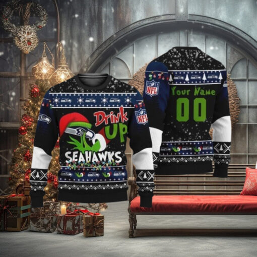 Custom NFL Seattle Seahawks Ugly Christmas Sweater Grinch Drink Up Christmas Gift For Football Fans