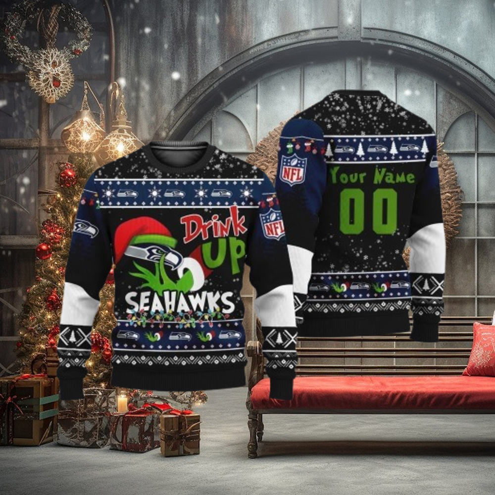 Custom NFL Seattle Seahawks Ugly Christmas Sweater Grinch Drink Up Christmas Gift For Football Fans Custom NFL Seattle Seahawks Ugly Christmas Sweater Grinch Drink Up Christmas Gift For Football Fans