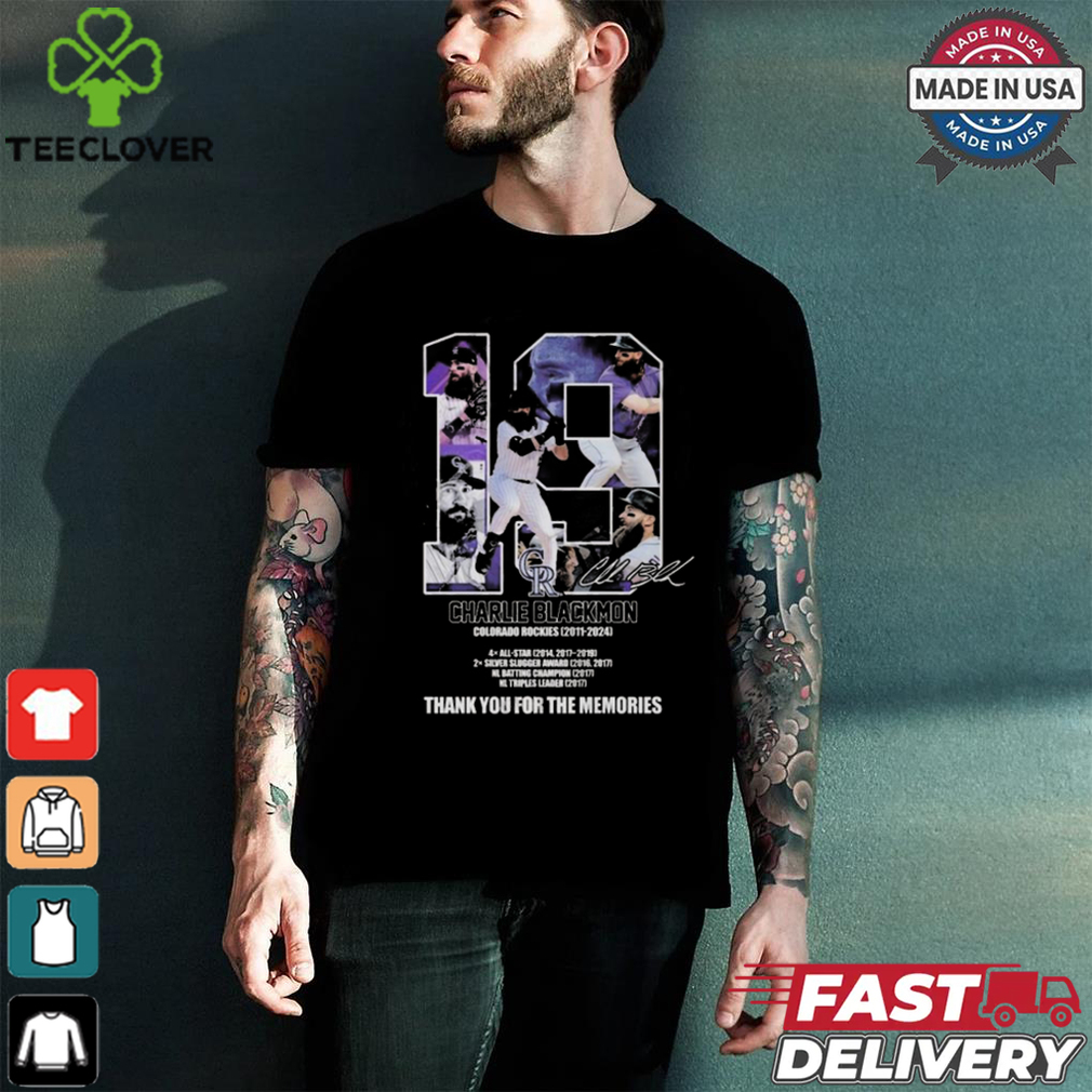 19 Charlie Blackmon Colorado Rockies 2011 – 2024 Thank You For The Memories Signature T shirt 19 Charlie Blackmon Colorado Rockies 2011 – 2024 Thank You For The Memories Signature T shirt