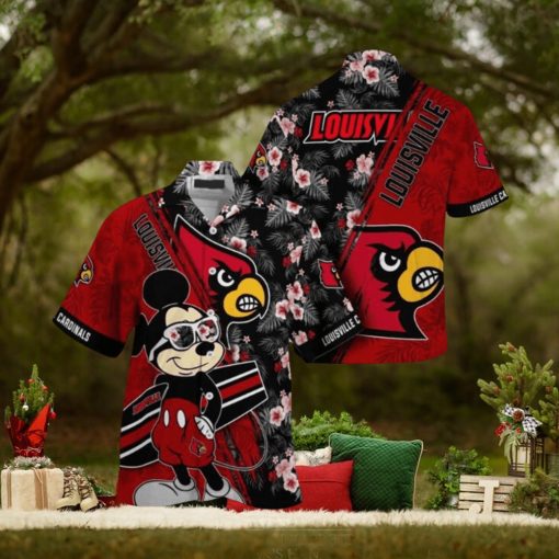 NCAA Louisville Cardinals Hawaiian Shirt Mickey And Floral Pattern