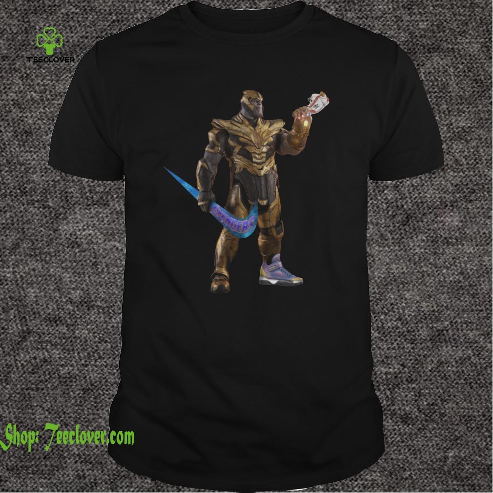 Funny Thanos With Swoosh As Weapon And Hand On Shoe T-