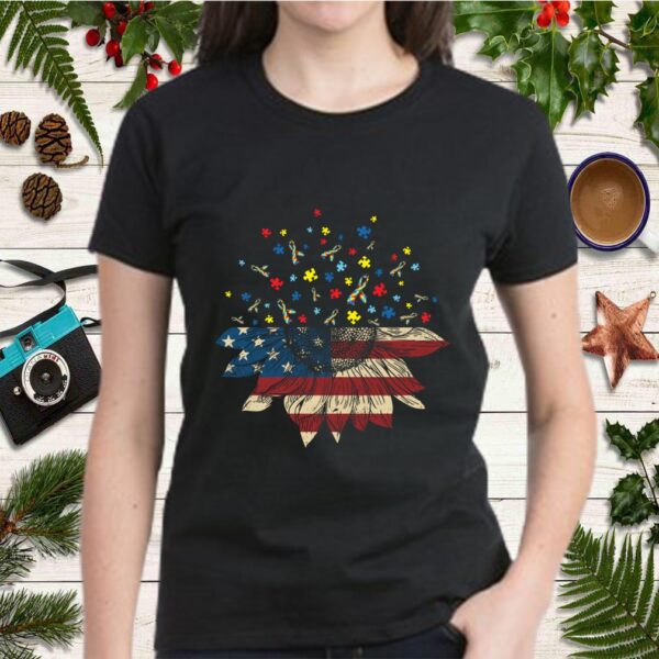 Cool Sunflower American Flag Autism Warrior Birthday Shirt Awareness Month Themed T-Shirt