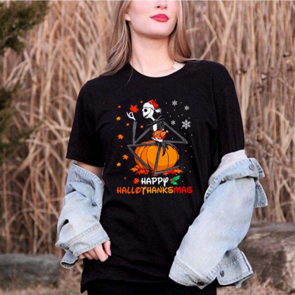 Jack Skellington pumpkin happy Hallothanksmas Halloween and Christmas hoodie, sweater, longsleeve, shirt v-neck, t-shirt