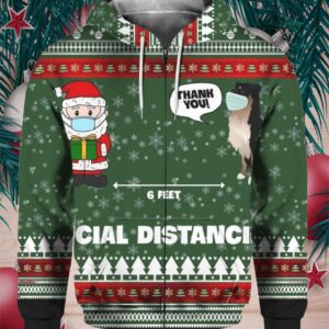 6 Feet Social Distancing Border Collie And Santa Claus 3D Christmas Ugly Hoodie Sweater (3)