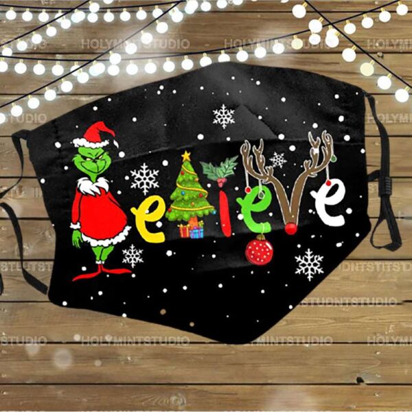 Believe Grinch Christmas Face Mask  Santa Hat Facemask Reusable   Washable Face Cover Adult
