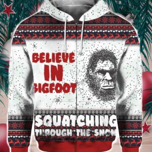 Believe In Bigfoot Squat Ching Through The Snow 3D Ugly Christmas Sweater Hoodie shirt