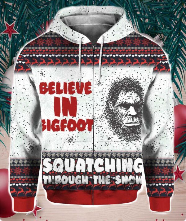 Believe In Bigfoot Squat Ching Through The Snow 3D Ugly Christmas Sweater Hoodie