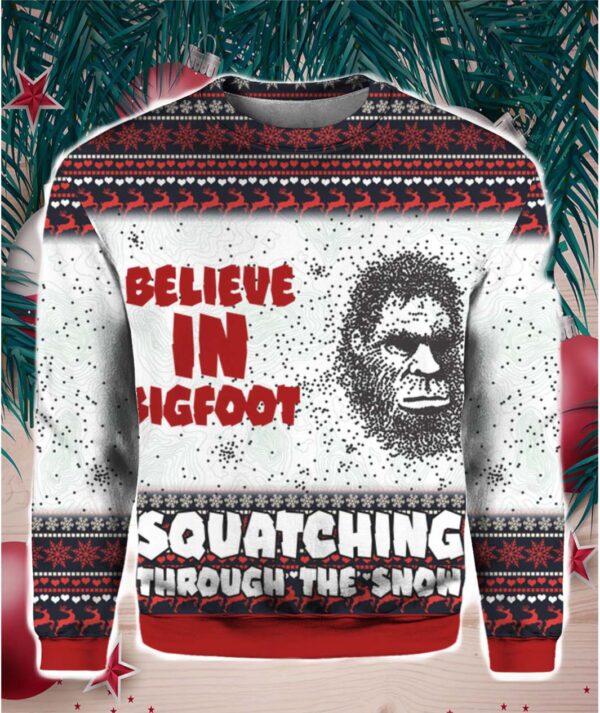 Believe In Bigfoot Squat Ching Through The Snow 3D Ugly Christmas Sweater Hoodie shirt