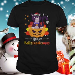 Black Cat Halloween And Merry Christmas Happy Hallothanksmas shirt