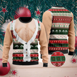 Funny Hairy Chest And Gile Ugly Sweater With Fishing And Christmas Pattern For Fishing Lovers On National Ugly Sweater Day And Christmas Seaso
