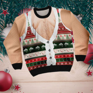 Funny Hairy Chest And Gile Ugly Sweater With Fishing And Christmas Pattern For Fishing Lovers On National Ugly Sweater Day And Christmas Seaso
