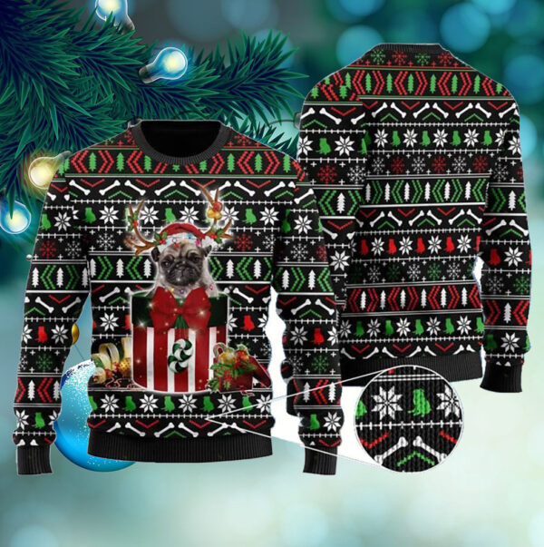 Funny Pug In The Gift Box Ugly Sweater For Pug Lovers On Christmas Days