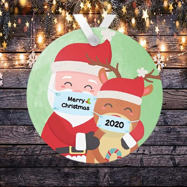 Merry Christ-mask Santa and Reindeer Ornament 2020, Ceramic Round Ornament