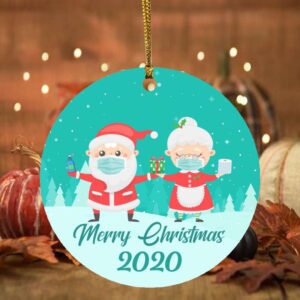 Mrs and Mr Claus Co-Vid19 6 Feet Apart Christmas Ornament 2020 – Holiday Flat Circle Ornament