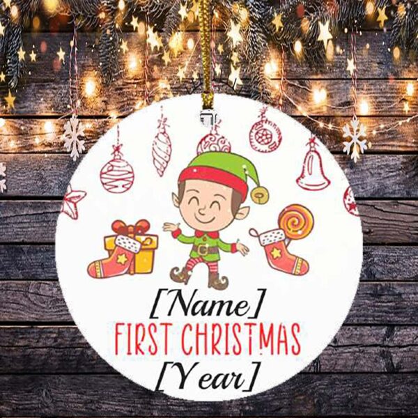 Personalized Baby Boy ELF First Christmas 2020 Decorative Christmas Ornament – Holiday Flat Circle Ornament