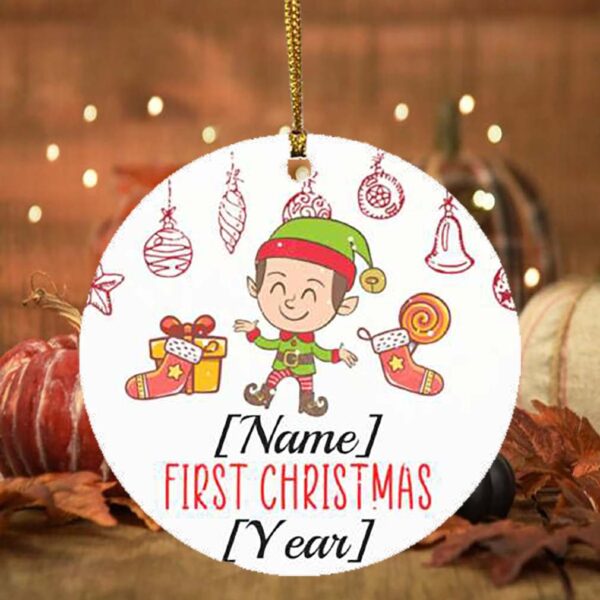 Personalized Baby Boy ELF First Christmas 2020 Decorative Christmas Ornament – Holiday Flat Circle Ornament