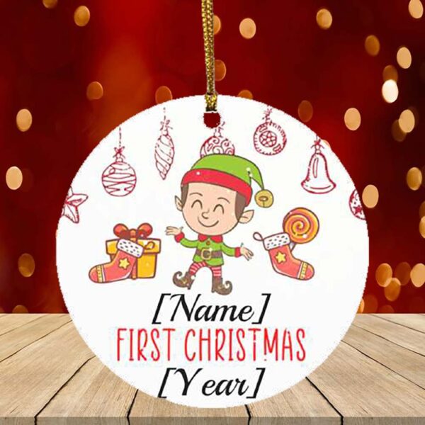 Personalized Baby Boy ELF First Christmas 2020 Decorative Christmas Ornament – Holiday Flat Circle Ornament