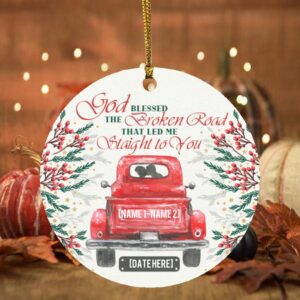 Personalized God Blessed the Broken Road Red Truck Christmas Ornament Keepsake – Holiday Flat Circle Ornament