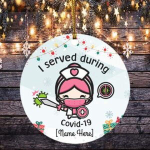 Personalized I Served During Covid-19 Funny Nurse Wearing Mask Circle Christmas Tree Ornament Keepsake