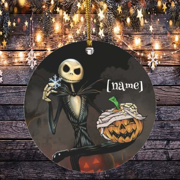 Personalized Jack Skellington Christmas Circle Ornament – Holiday Nightmare Gift