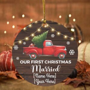 Personalized Our First Christmas Married 2020 Decorative Christmas Ornament – Holiday FlPersonalized Our First Christmas Married 2020 Decorative Christmas Ornament – Holiday Flat Circle Ornamentat Circle Orn