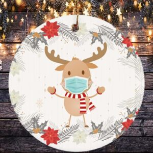 Reindeer Wearing A Face Mask Decorative Christmas Ornament – Holiday Flat Circle Orn