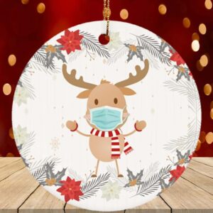 Reindeer Wearing A Face Mask Decorative Christmas Ornament – Holiday Flat Circle Ornament