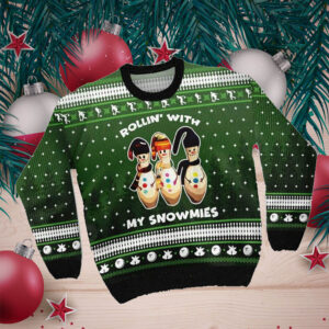Snowman Bowling With Sayings Rollin’ With My Snowmies Christmas Ugly Sweater For Bowling Lovers On National Ugly Sweater Day And Christmas Time