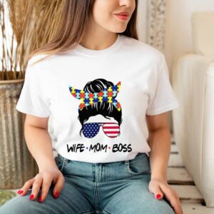 Autism Awareness Wife Mom Boss Messy Bun Usa Flag Shirt