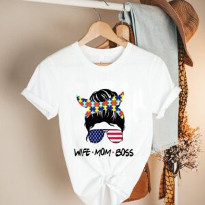 Autism Awareness Wife Mom Boss Messy Bun Usa Flag Shirt Shirt, hoodie, sweater, long sleeve and tank top