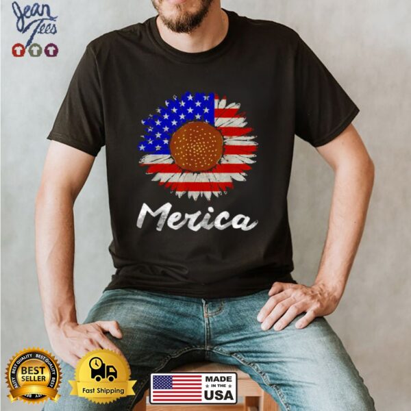 Merica American Flag Sunflower 4th July T Shirt