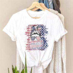 Girl Glasses Unmasked Unmuzzled Unvaccinated Unafraid American flag shirt