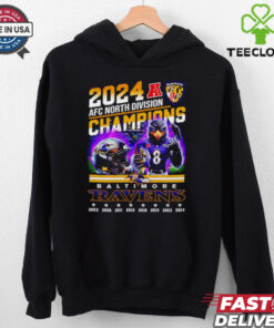 2024 AFC North Division Champions Baltimore Ravens Mascot Shirt with a bold and celebratory design featuring the Ravens' mascot, perfect for fans showing their pride in the team’s division title.