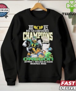 2024 Big Ten Conference Champions Oregon Ducks Mascot Shirt, featuring the iconic Oregon Ducks mascot and celebratory graphics. Perfect for fans showing their pride after the team's conference victory.