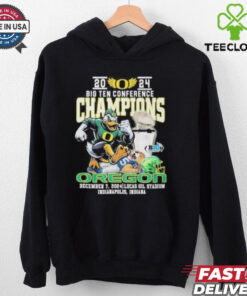 2024 Big Ten Conference Champions Oregon Ducks Mascot Shirt, featuring the iconic Oregon Ducks mascot and celebratory graphics. Perfect for fans showing their pride after the team's conference victory.