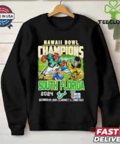 2024 Hawaii Bowl Champions South Florida Football Shirt, featuring celebratory graphics and team branding to honor the Bulls' victory in the 2024 Hawaii Bowl. Perfect for fans commemorating this exciting championship win.