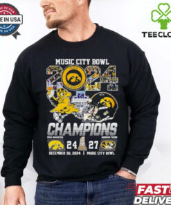 2024 Music City Bowl Iowa Hawkeyes vs. Missouri Tigers Champions Shirt with a bold design commemorating the exciting matchup and victory, perfect for fans of both teams celebrating the Music City Bowl win.