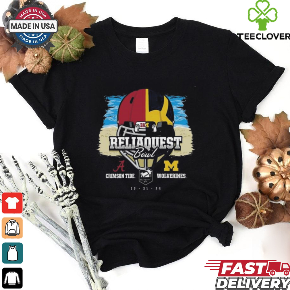 2024 Reliaquest Bowl Alabama Crimson Tide Head To Head Michigan Wolverines Helmet Split Shirt 2024 Reliaquest Bowl Alabama Crimson Tide Head To Head Michigan Wolverines Helmet Split Shirt