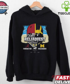 2024 ReliaQuest Bowl Alabama Crimson Tide vs. Michigan Wolverines Head to Head Helmet Split T-shirt, featuring split helmet design, unisex fit, Alabama and Michigan football fan gear, ReliaQuest Bowl showdown shirt.