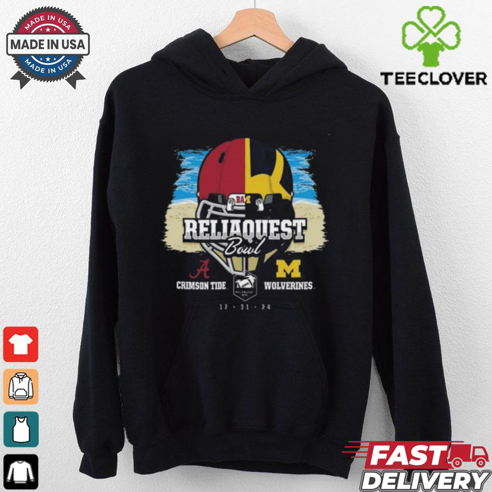 2024 Reliaquest Bowl Alabama Crimson Tide Head To Head Michigan Wolverines Helmet Split Shirt 2024 Reliaquest Bowl Alabama Crimson Tide Head To Head Michigan Wolverines Helmet Split Shirt