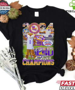 2024 Texas Bowl LSU Tigers Champions Mascot T-shirt, featuring a bold LSU Tigers mascot design, unisex fit, fan-favorite style, celebrating LSU's victory at the 2024 Texas Bowl. Perfect for LSU fans to showcase their team pride.