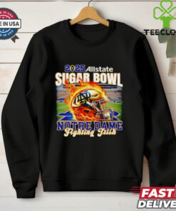 2025 Allstate Sugar Bowl Notre Dame Fighting Irish Fire Helmet Shirt, featuring a fiery graphic of the Notre Dame helmet and the Sugar Bowl logo. Perfect for fans celebrating the Fighting Irish’s appearance in the 2025 Sugar Bowl.