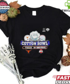 2025 Goodyear Cotton Bowl Texas Longhorns vs. Ohio State Buckeyes Shirt featuring a bold design commemorating the exciting matchup between these two powerhouse teams, perfect for fans supporting either the Longhorns or Buckeyes in this prestigious bowl game.